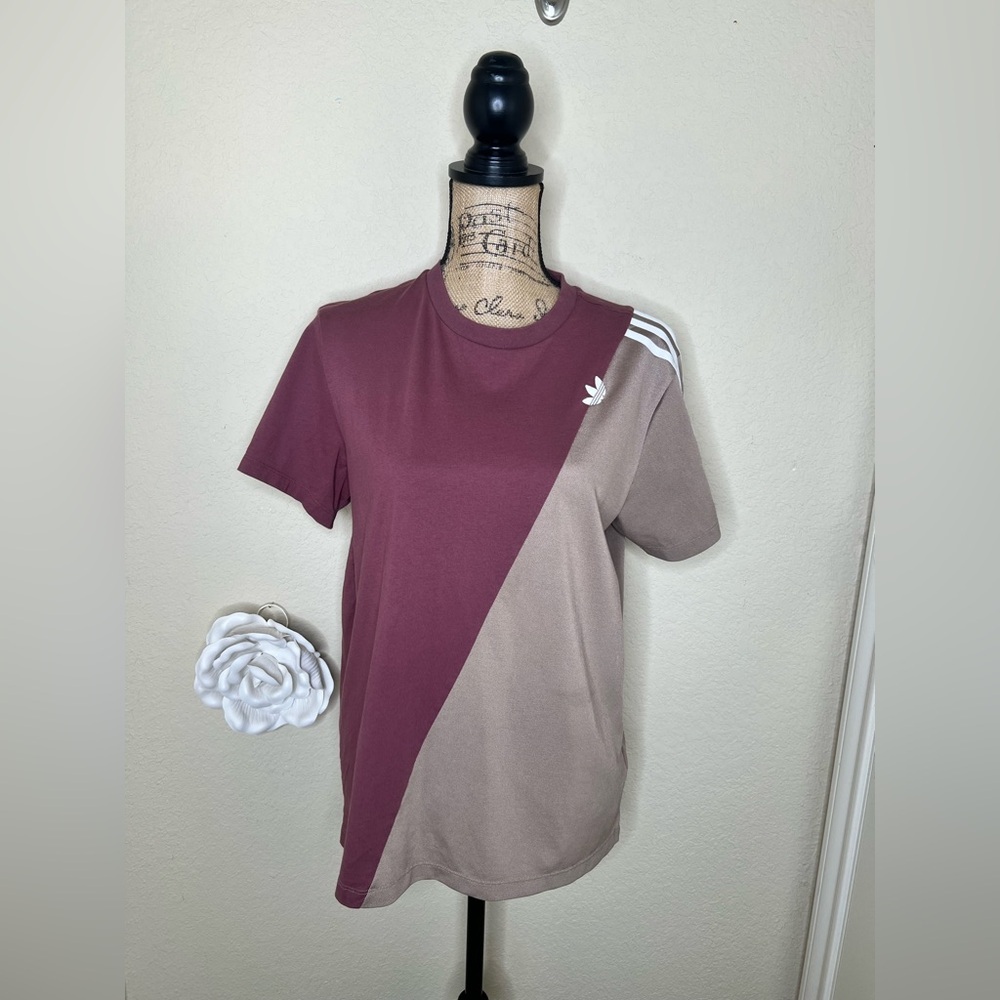 Adidas Originals Adicolor Sliced Trefoil Loose Shirt in Burgundy & Tan Sz S